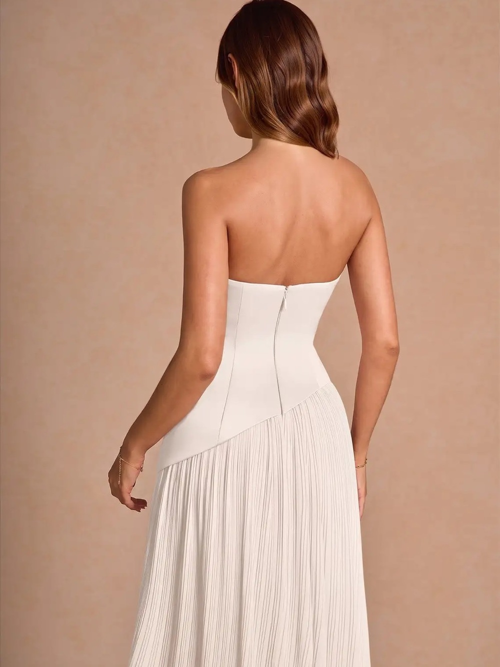 Azazie Strapless White Pleated Gown with Side Slit - Picture 5 of 7